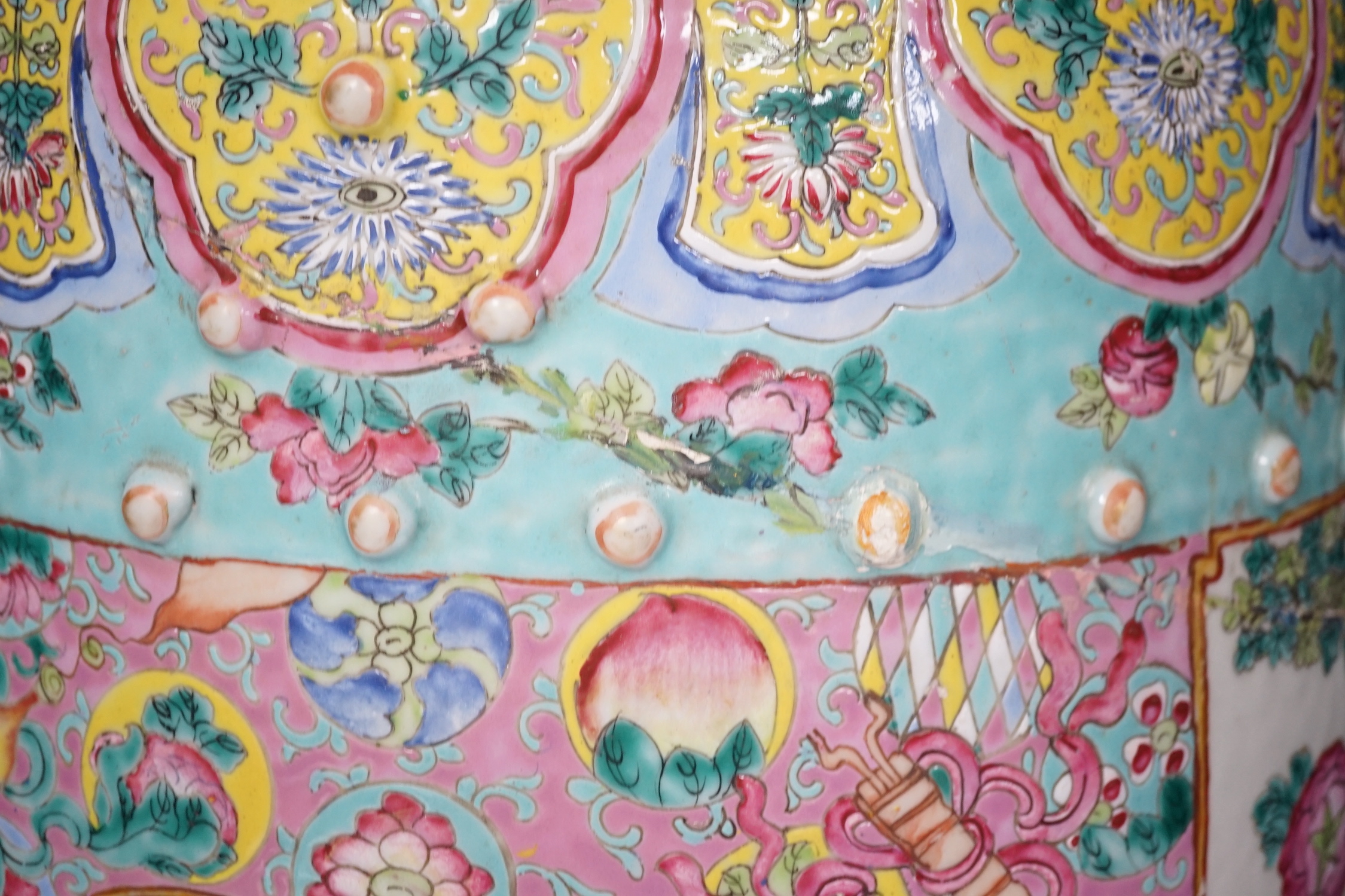 A 19th century Chinese Canton decorated famille rose garden seat (restored), 46cm high